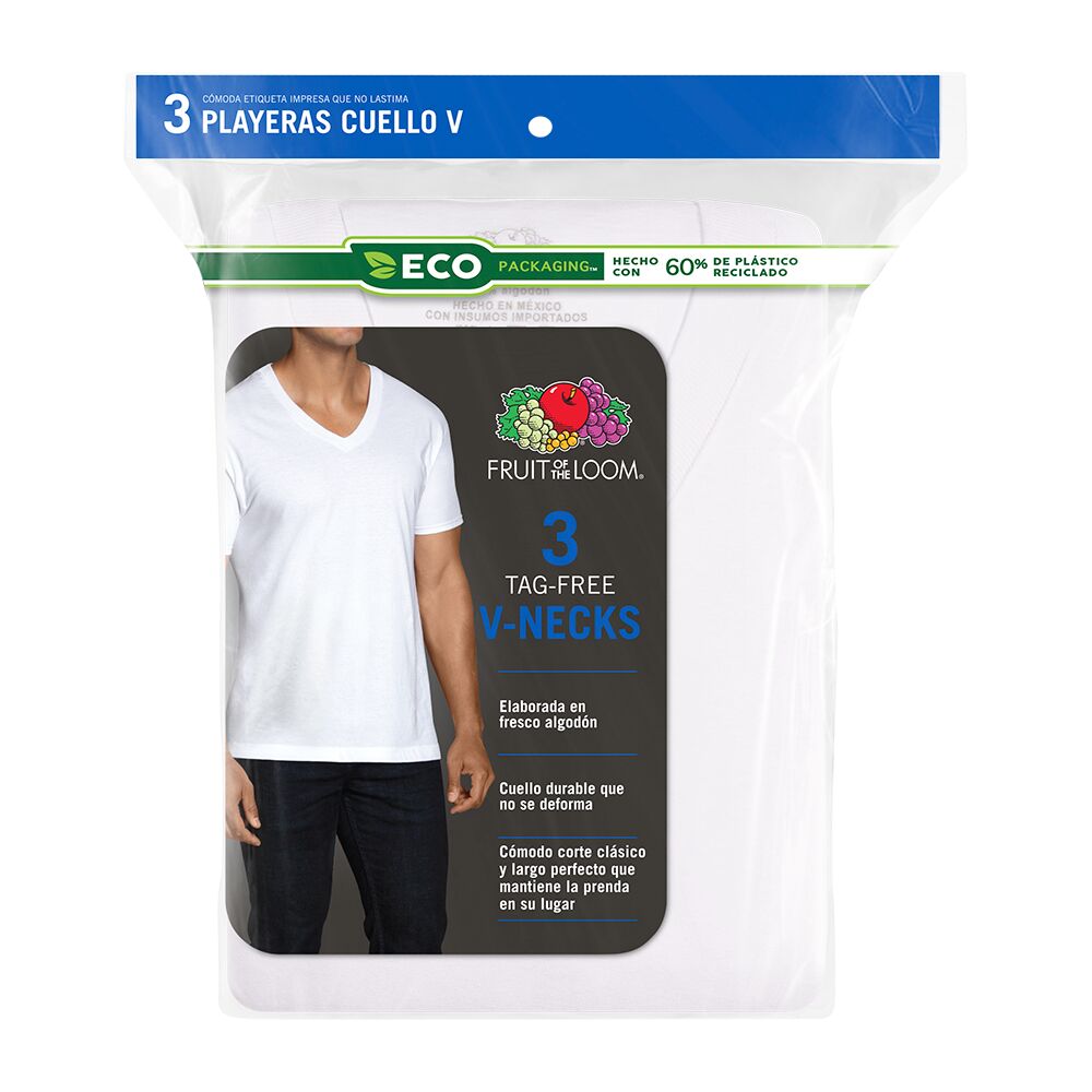 2525VM - Playera blanca cuello en V para caballero 3 piezas